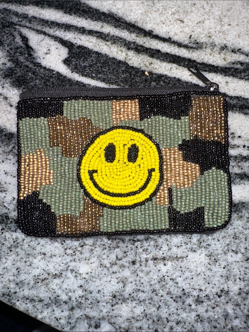 Beaded Camouflage Coin Purse with Yellow Smiley Face
